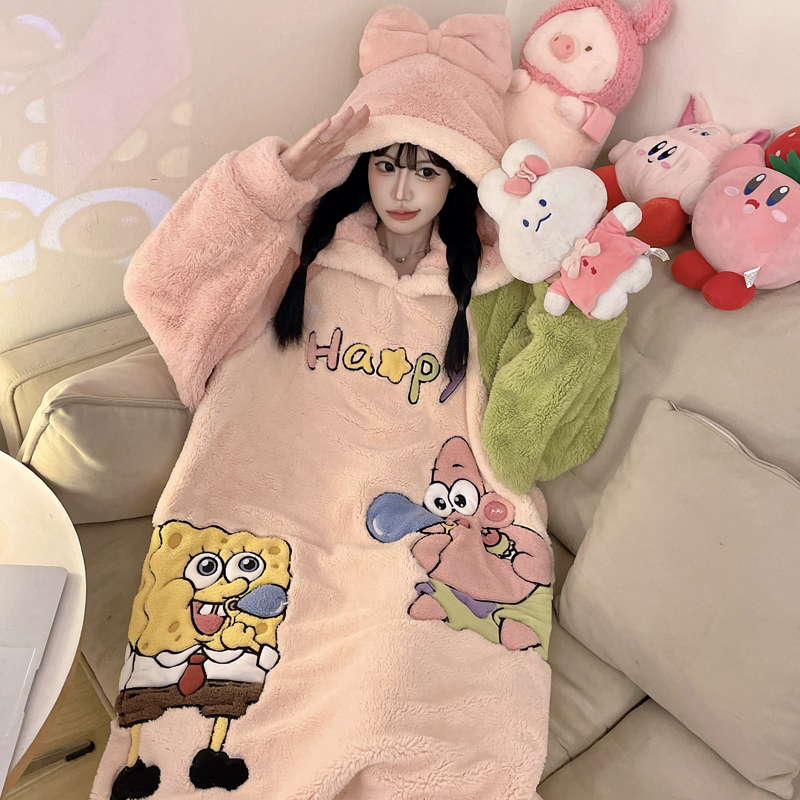 珊瑚绒连体睡衣秋冬款女加绒加厚卡通可爱长袖胖mm连帽家居服冬