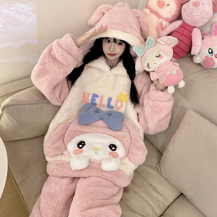 珊瑚绒睡衣秋冬款女加绒加厚卡通可爱长袖加大码加肥连帽家居服冬