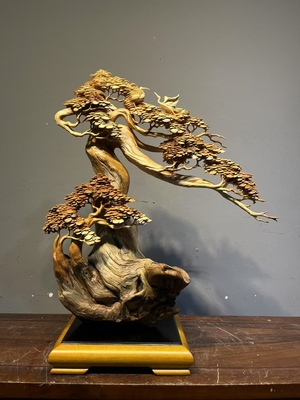 崖柏根雕摆件天然随形实木雕刻木雕发财树公司酒店玄关工艺送礼