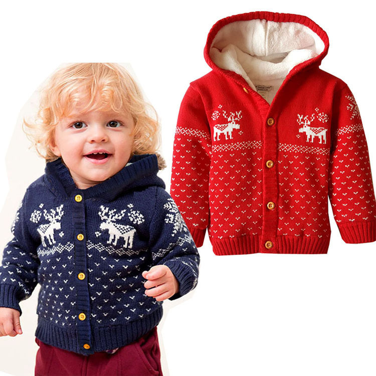 跨境秋冬季款儿童加绒棉线毛衣外套男女童毛衣圣诞麋鹿款
