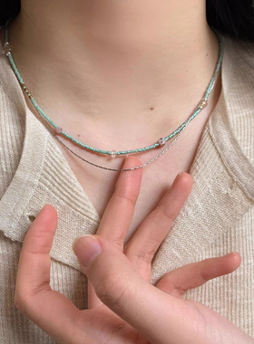 春意盎然 新中式手作串珠双层叠戴天然石米珠锁骨链叠戴项链