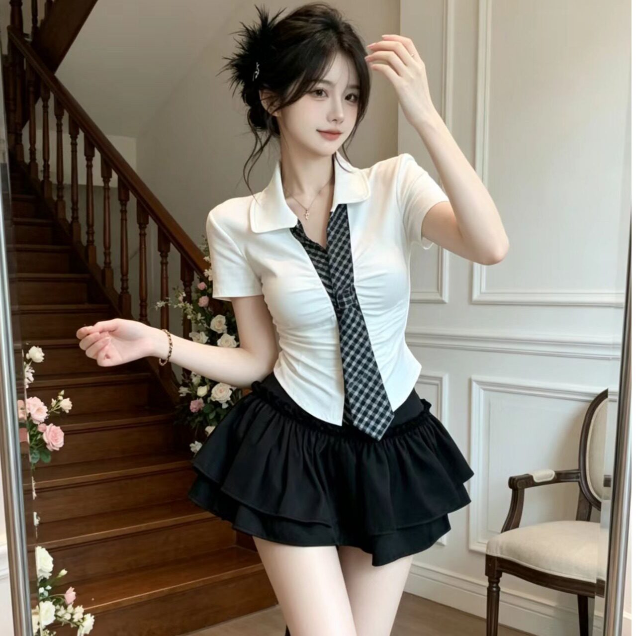 酒吧桌球水疗足球宝贝拉拉队服女翻领短袖白衬衣蓬蓬短裙jk制服夏