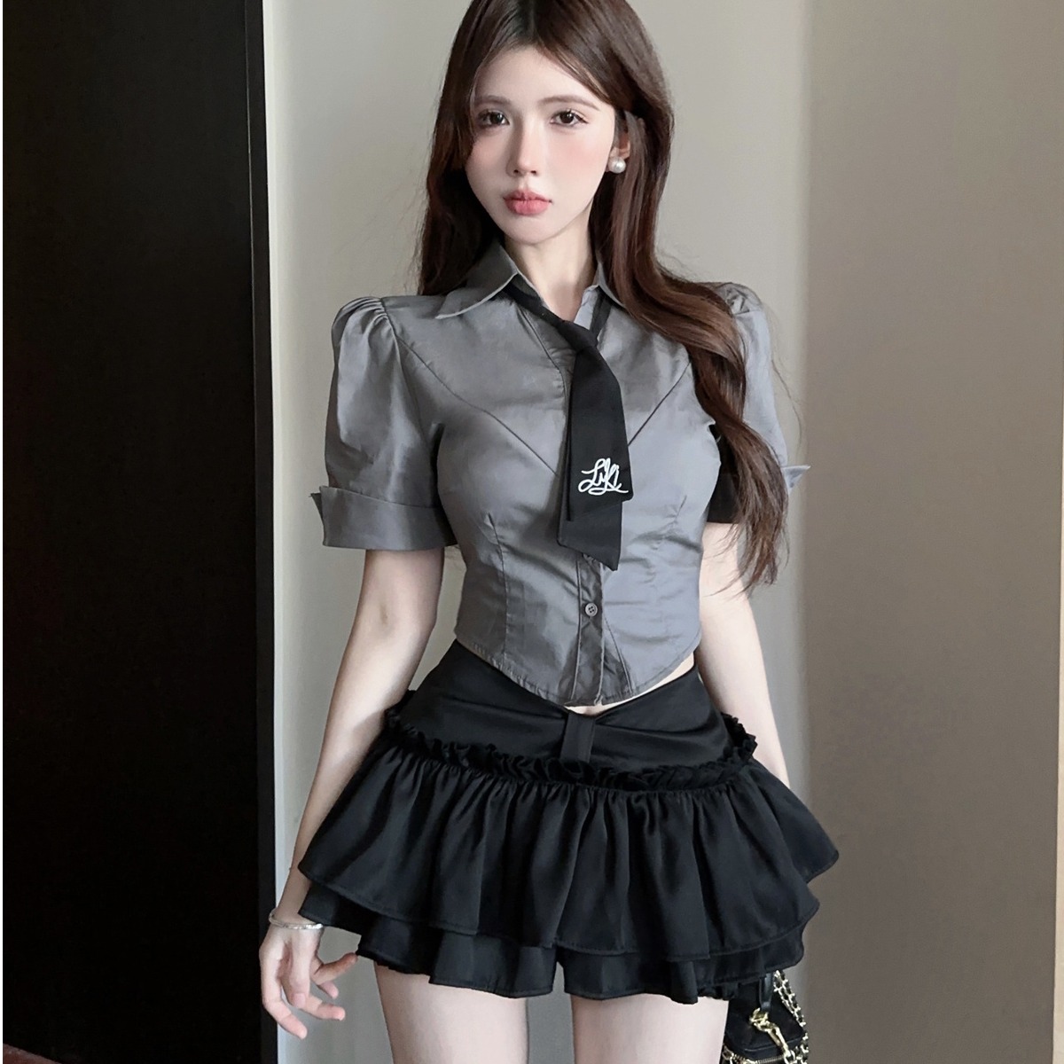 酒吧KTV夜场工作辣妹jk制服纯欲女收腰短款灰衬衫蓬蓬短裙两件套