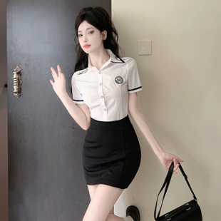 酒吧ktv性感纯欲空姐制服女修身 白衬衫 短裙套装 足道技师工衣 短袖