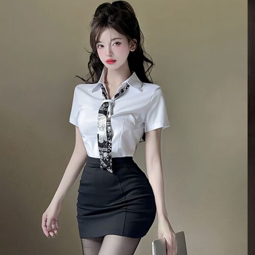 酒店前台水疗足浴技师工作制服女配丝巾短袖白衬衫包臀裙两件套装 - 封面
