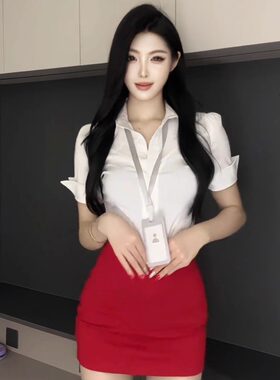 性感御姐收腰短袖白色衬衫女修身纯欲红包裙足道足疗技师工作制服