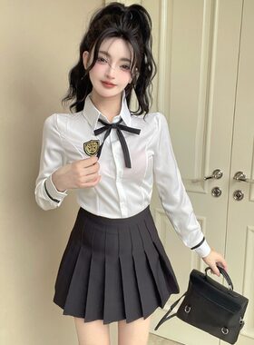 韩系甜辣学院风jk制服女蝴蝶结长袖修身衬衫百褶裙套装酒吧工作服