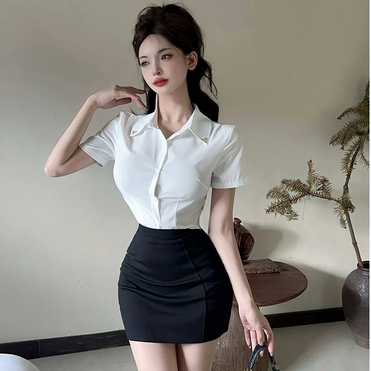 酒店前台制服修身职业装短袖白衬衫高腰短裙两件套足道技师工作服