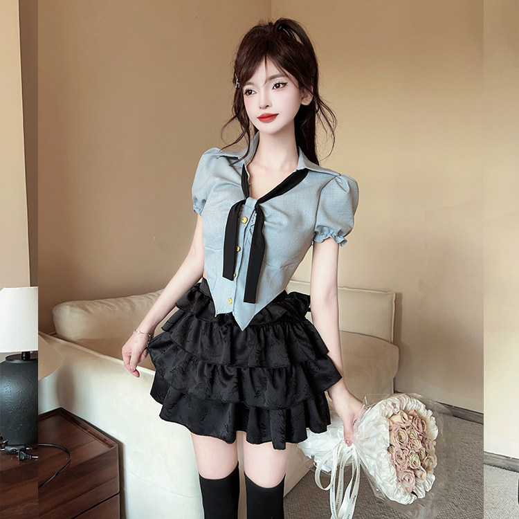 纯欲学院风收腰短袖衬衣蓬蓬短裙jk制服美容院spa会所足道技师服