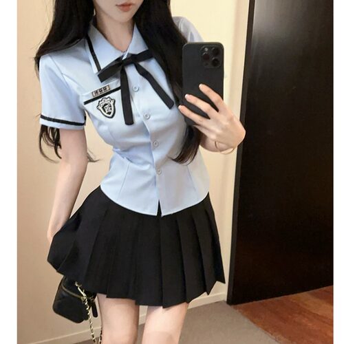 纯欲风jk制服女收腰短袖蓝衬衫学院风百褶短裙美容院spa会所工服