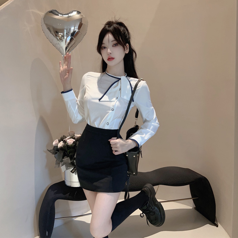 酒店前台足浴职业套装女修身领结长袖白衬衫包臀裙足道技师工作服