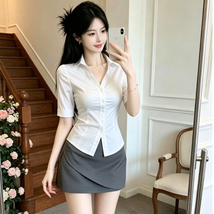 性感v领修身短袖白衬衫女职业装OL风制服衬衣短裙大码女胖mm套装
