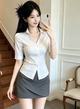 性感v领修身短袖白衬衫女职业装OL风制服衬衣短裙大码女胖mm套装
