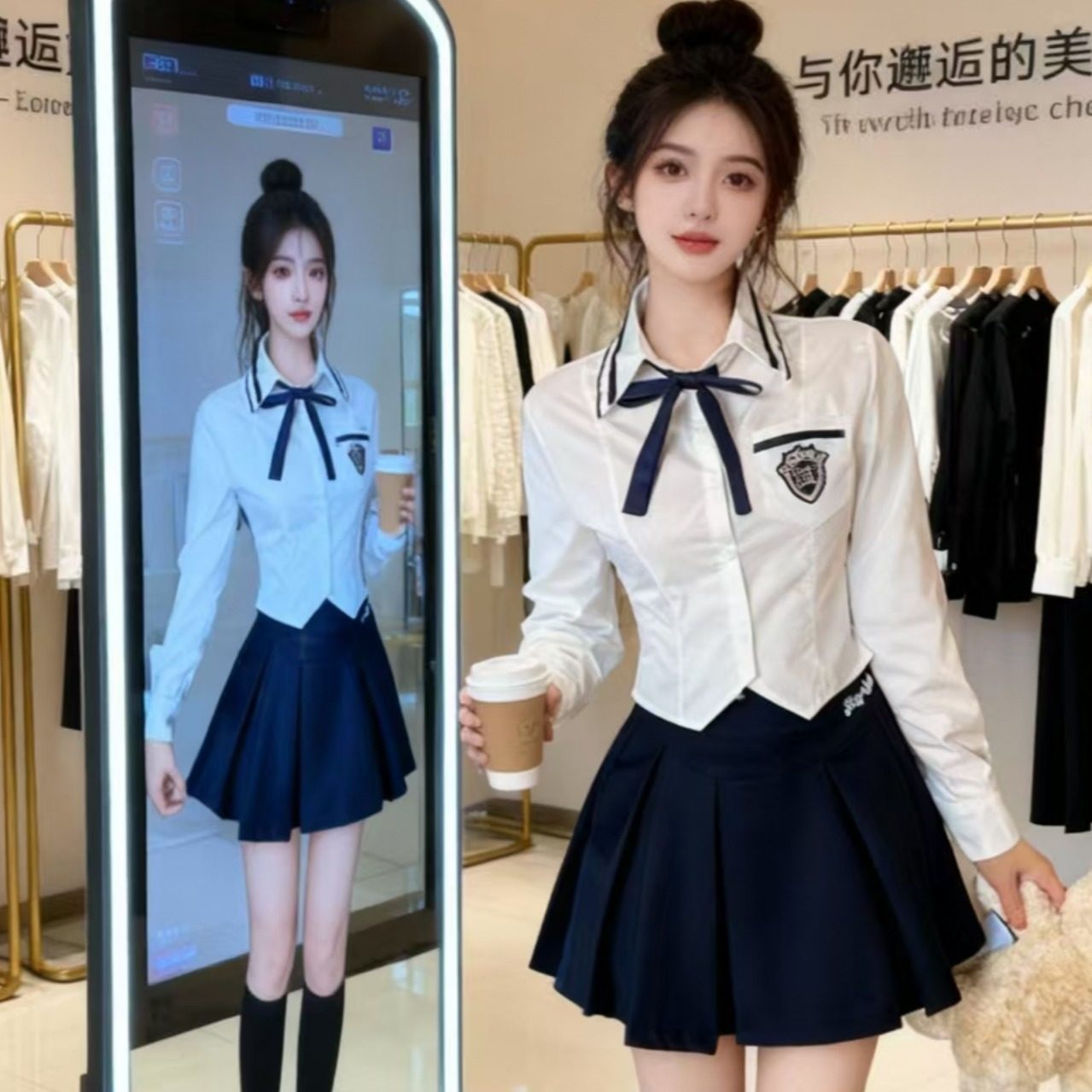 韩系学院风辣妹纯欲jk制服女收腰短款长袖白衬衫短裙套装美院工服