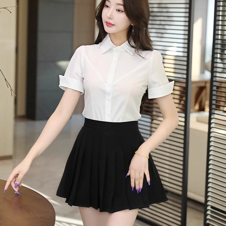 酒店沐足足疗养生会所工作服女修身短袖白衬衫百褶裙足道技师制服