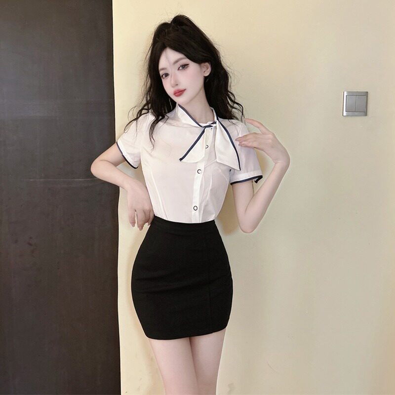 酒店性感秘书足浴技师工作服女领结短袖白衬衫包臀裙足疗职业套装图片