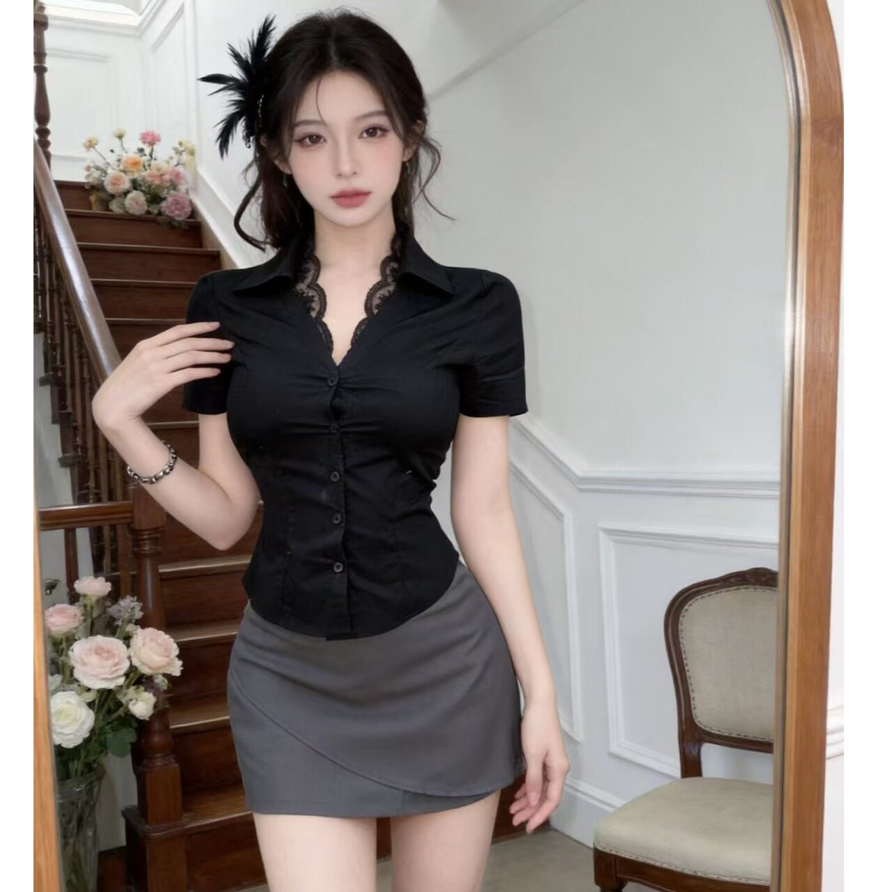 高级美容院spa足浴工作制服职业装蕾丝边v领黑衬衫套装足疗技师服