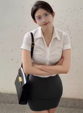 白领通勤职业OL风穿搭套装女修身短袖白衬衫上衣足道沐足技师工服