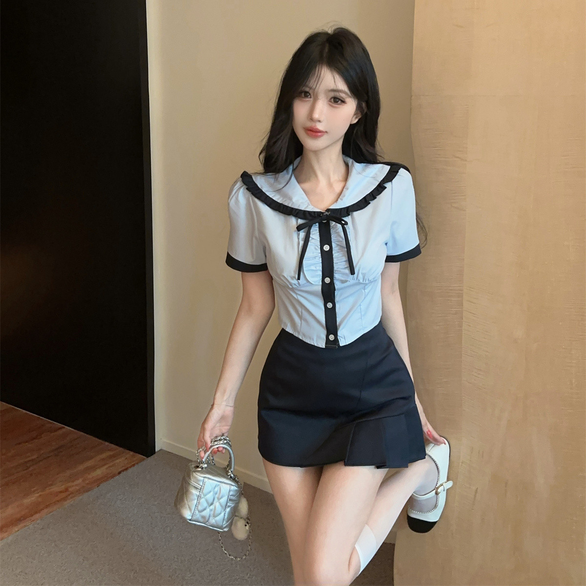 甜美jk制服海军领浅蓝短袖衬衫女修身包臀裙套装台球足疗技师工服