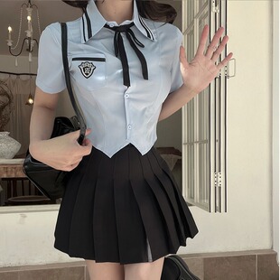 美容院技师工衣 百褶裙JK制服套装 韩系学院风纯欲短款 蓝色收腰衬衫