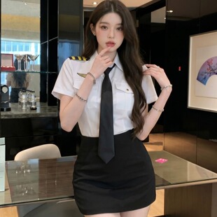 酒吧ktv夜场性感衬衣空姐制服女修身 白衬衫 包臀短裙套装 领带短袖