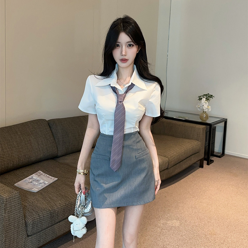酒店前台白领职业OL风女修身短袖白衬衫灰裙套装足道足疗技师工服