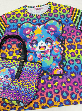 LEERROO原创设计彩虹波比熊-多巴胺印花短袖彩色纯棉宽松T恤夏季