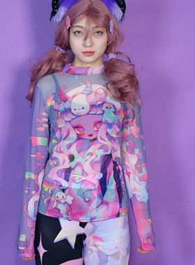 LEERROO 魔音女 原创设计Y2K涂鸦甜辣网纱长袖T恤打底防晒衣
