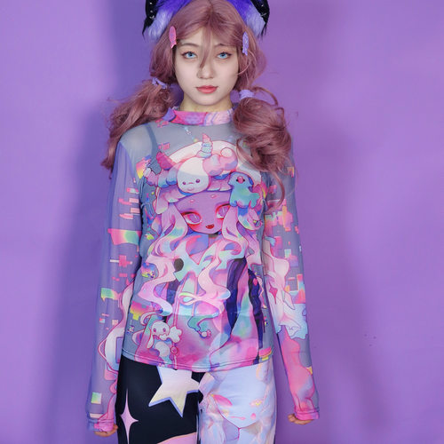 LEERROO 魔音女 原创设计Y2K涂鸦甜辣网纱长袖T恤打底防晒衣