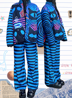 LERROO蓝巧怪物猫 亚文化蓝色条纹印花休闲裤宽松加绒长裤保暖