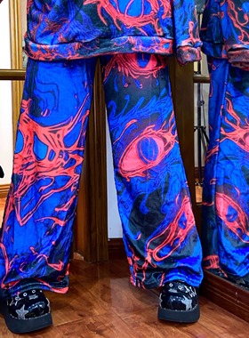 《蘭血液狂欢》原创蓝色细胞毛绒印花阔腿裤亚文化暗黑加绒裤