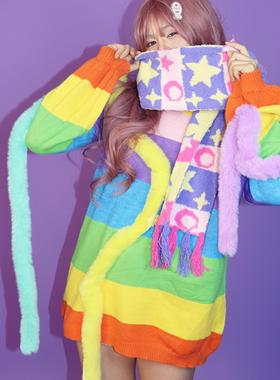 LEERROO 星星马卡龙 Y2K童趣拼接亚文化秋冬保暖针织围巾