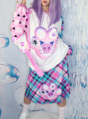 Leerroo 莓奶昔 y2k小众童趣学院风涂鸦印花宽松格子松紧腰半身裙