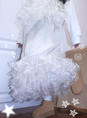 LEERROO 灯芯绒夹棉杏色设计感花边半身裙女复古宽松加厚中长裙