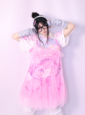 LEERROO原创设计 梦核网纱吊带连衣裙中长款透视罩衫个性纱裙夏