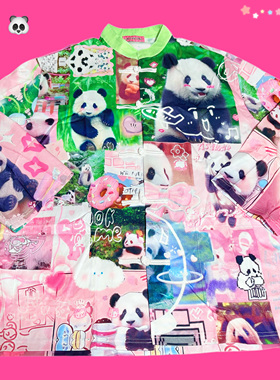 LEERROO原创设计Y2K中华风熊猫拼贴印花立领长袖唐装盘扣中式上衣