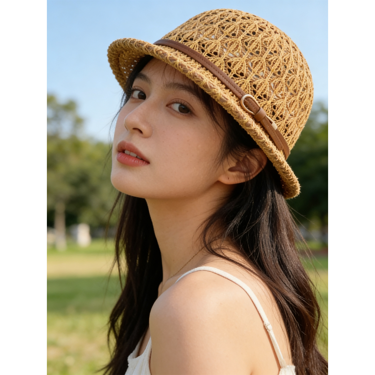 法式编织帽女春季遮阳防晒沙滩度假渔夫帽卷边皮带镂空渔夫帽子夏