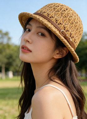 法式编织帽女春季遮阳防晒沙滩度假渔夫帽卷边皮带镂空渔夫帽子夏
