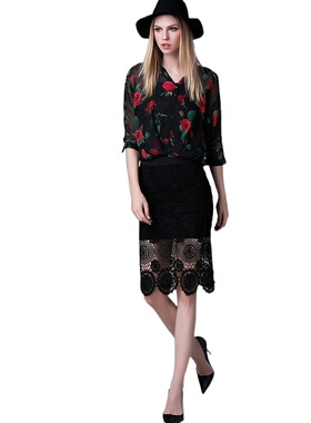 奈昕个性化私人定制 90699秋高档时装网纱印花包臀镂空裙正品套装