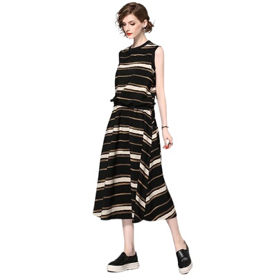 奈昕正品高档货31215卍卐修身套装裙条纹撞色无袖中长裙高级感好