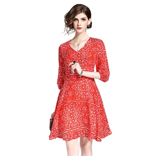 奈昕个性化私人订制33087正品高档货  红色灯笼袖连衣裙桑蚕丝里