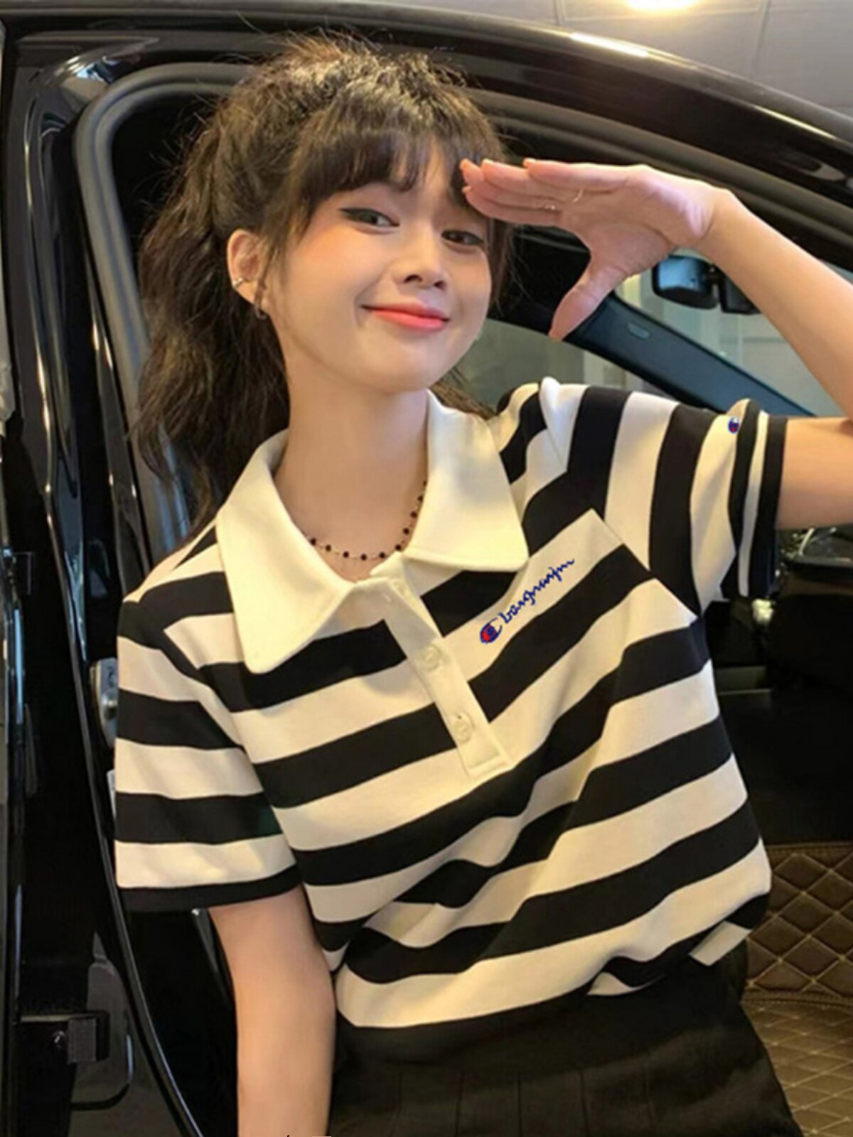 THIS CHAMPION AUTHENTIC SUMMER POLO SHIRT WOMENS NEW LOOSE AND THIN STUDENT STRIPED SHORT SLEEVE T-SHIRT TRENDY COLLAR