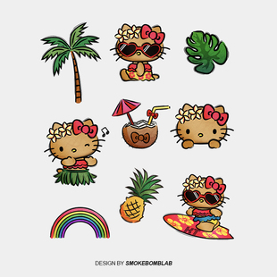 smokebomblab童趣可爱儿童黑皮凯蒂kitty度假夏天女孩纹身贴纸