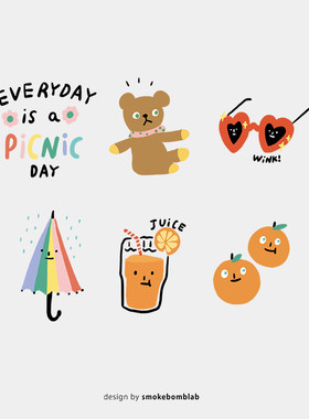 smokebomb创意纹身贴纸逗趣插图野餐组合 小熊果汁墨镜俏皮酷儿童