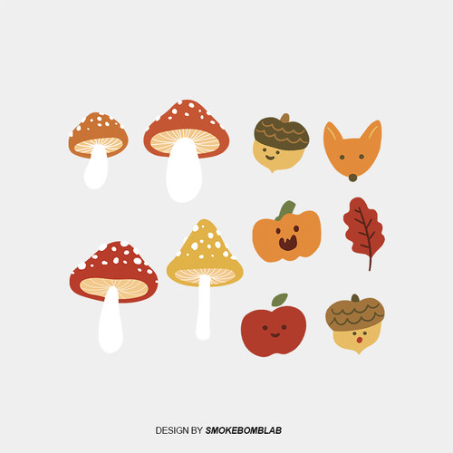 smokebomblab儿童安全 森系蘑菇秋日果实涂动物插图纹身贴纸