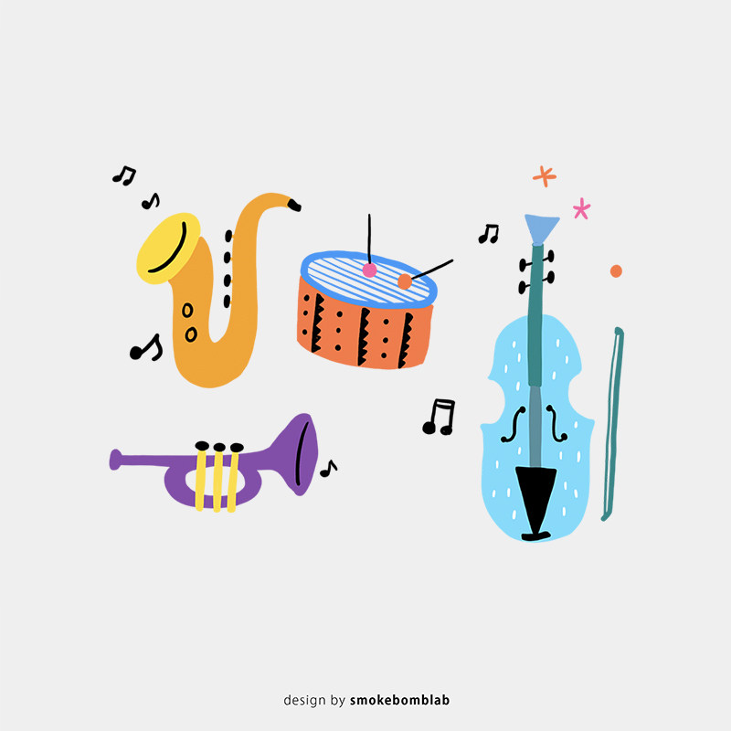 smokebomblab 儿童纹身贴纸 乐器音乐jazz提琴鼓萨克斯组合