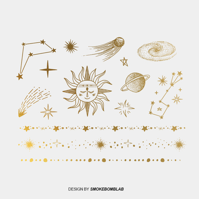 smokebomblab金色银河系行星插图星座几何设计师抽象小众纹身贴纸