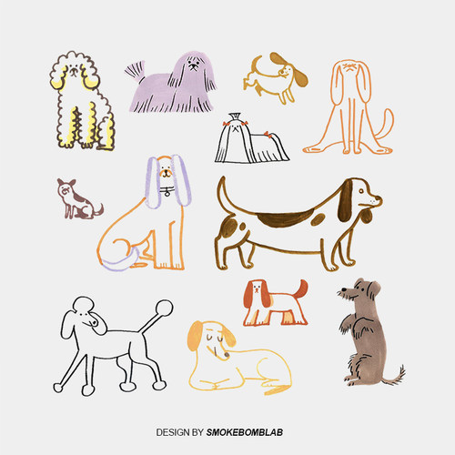 smokebomblab可爱doodle狗狗动物松弛线条插图防水童趣纹身贴纸