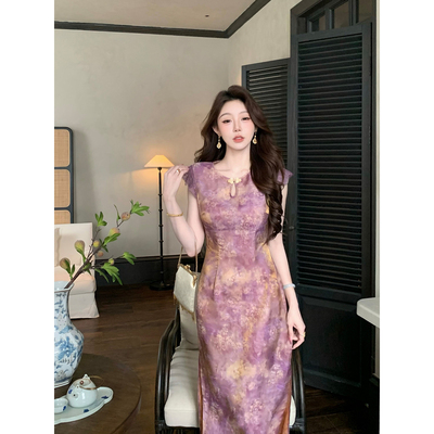 凌茜恣禾 瑰玉含章'新中式水墨晕染旗袍女夏季浮光锦日常连衣裙