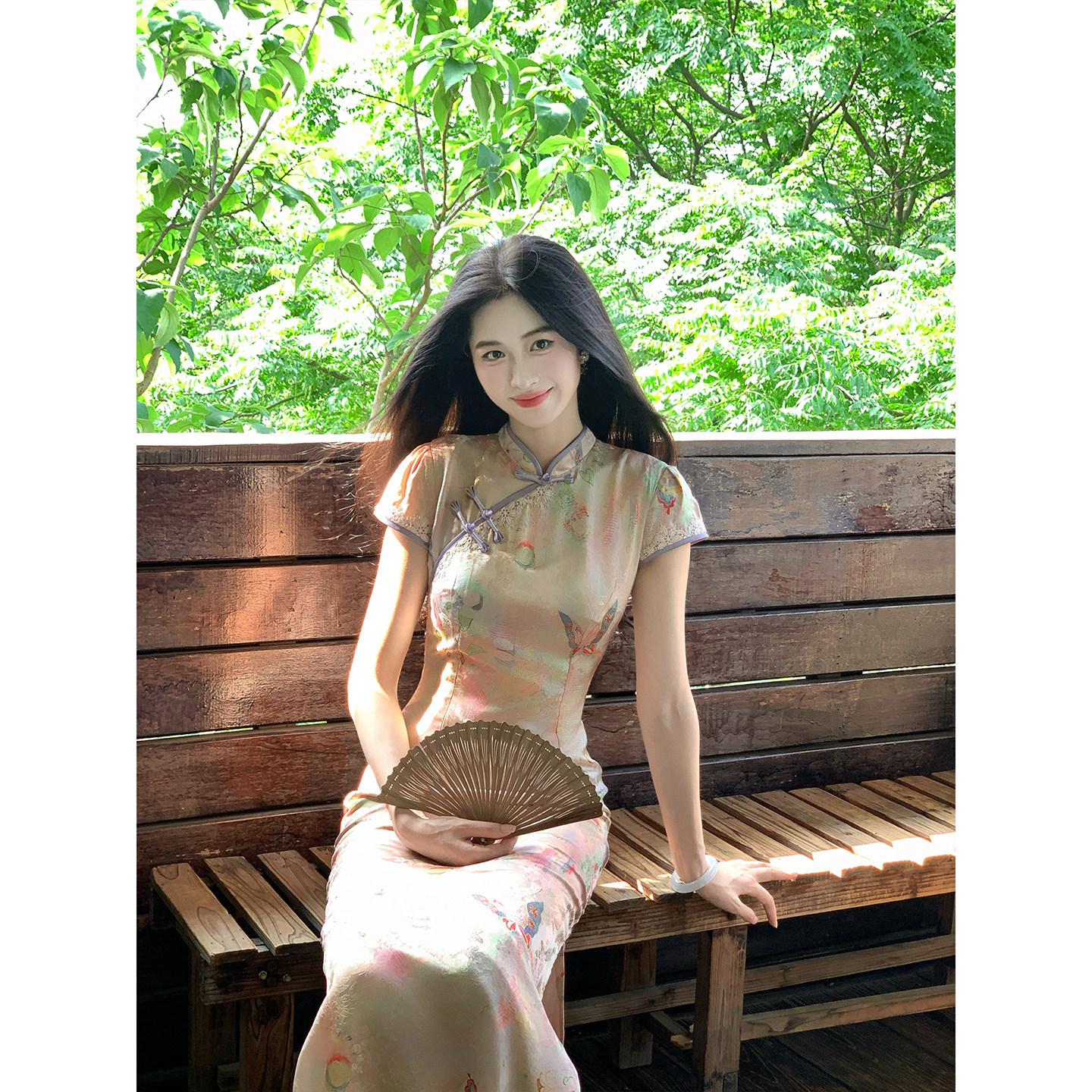 凌茜恣禾 花与蝶'新中式缎面蝴蝶印花旗袍女夏季短袖修身连衣裙
